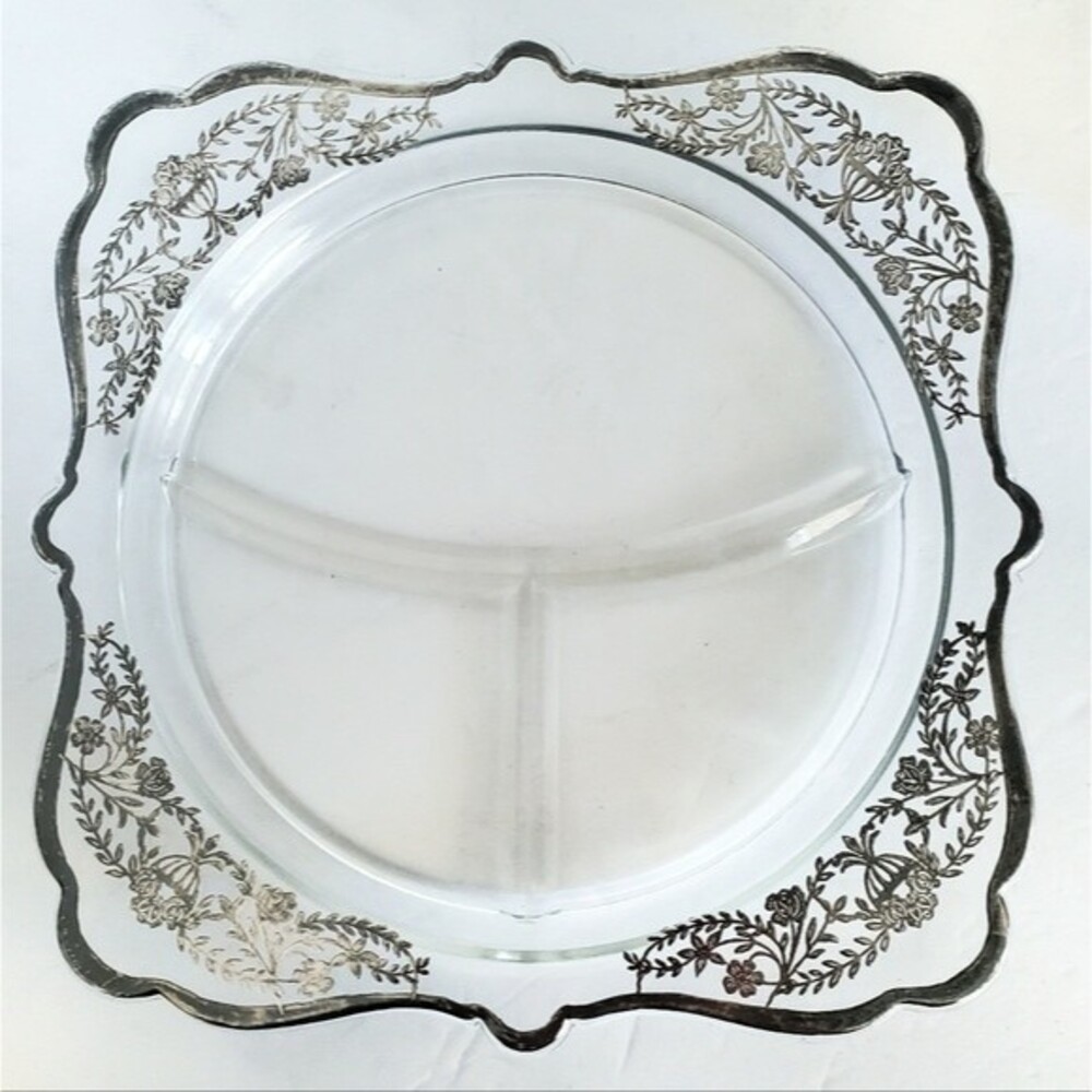 Vintage Imperial Glass Art Deco Silver Overlay Divided Grill Plate 10"